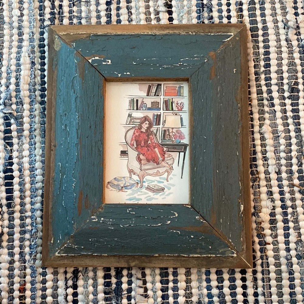 Watercolor print with blue wooden handmade frame. 9.25”x11.25”. Like new.
